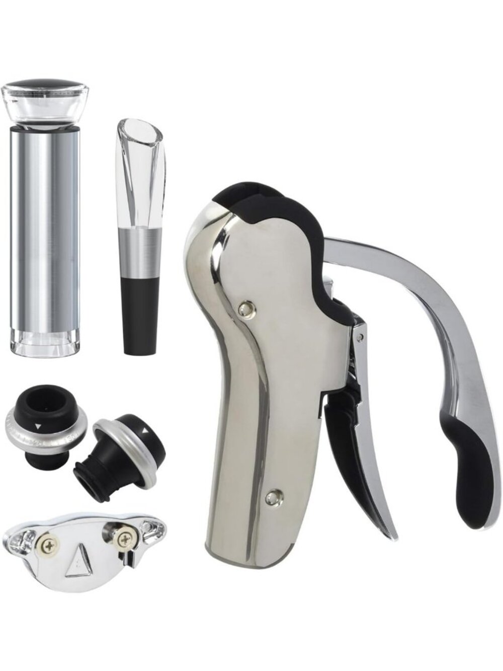 Compact Stainless Steel Wine Opener Set with Foil Cutter, Aerator, Pump